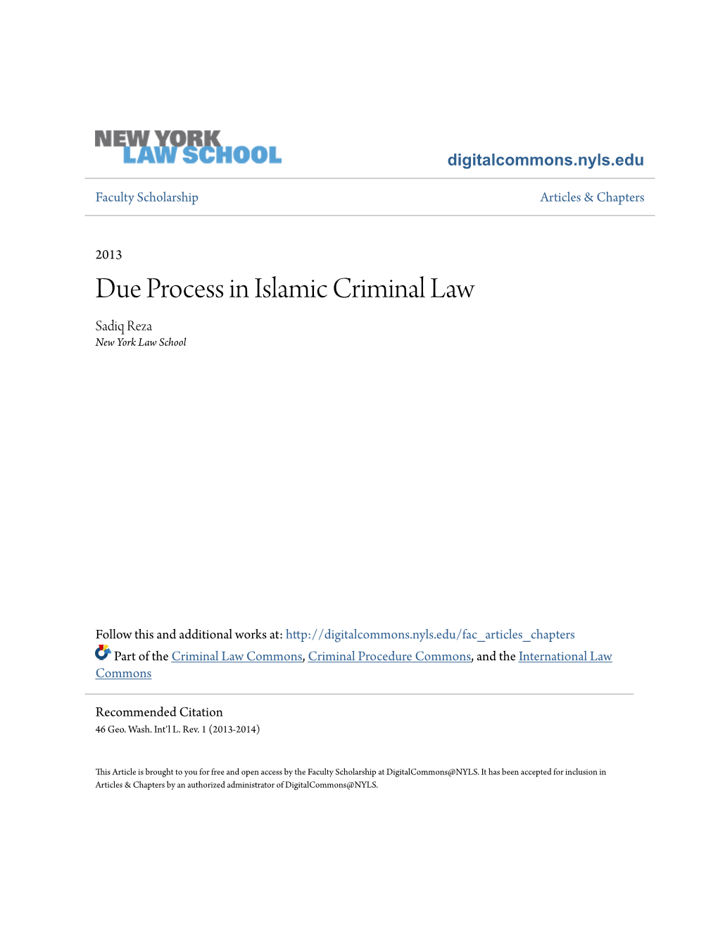 Due Process in Islamic Criminal Law Sadiq Reza New York Law School