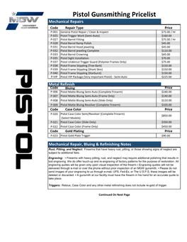 Pistol Gunsmithing Pricelist