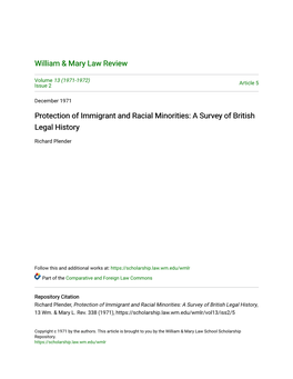 Protection of Immigrant and Racial Minorities: a Survey of British Legal History