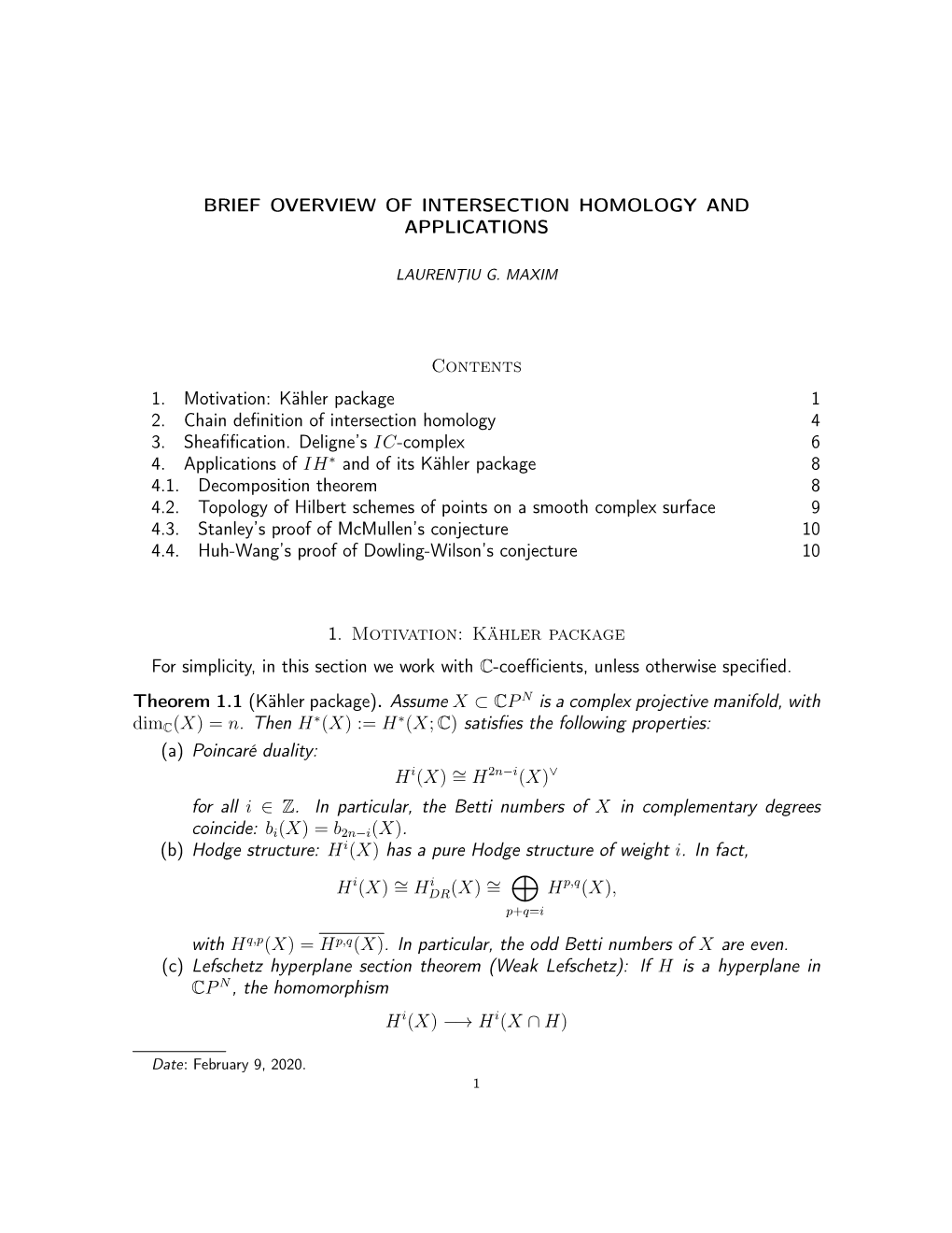 Brief Overview of Intersection Homology and Applications