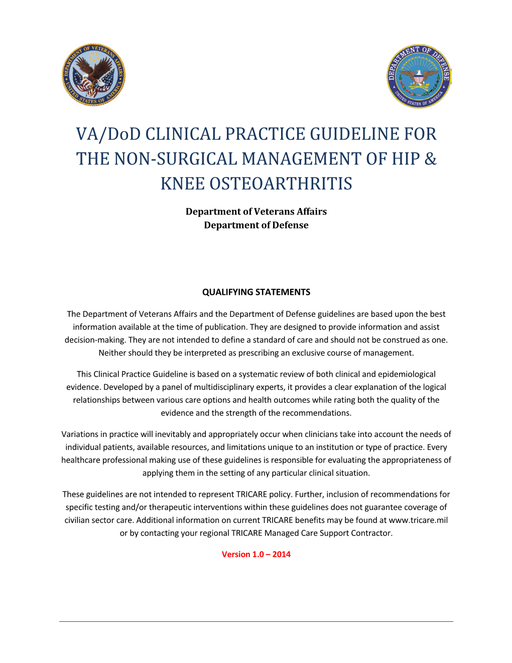 VA/Dod CLINICAL PRACTICE GUIDELINE for OSTEOARTHRITIS