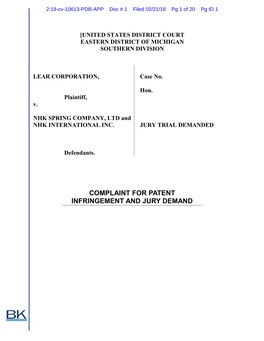 Complaint for Patent Infringement and Jury Demand