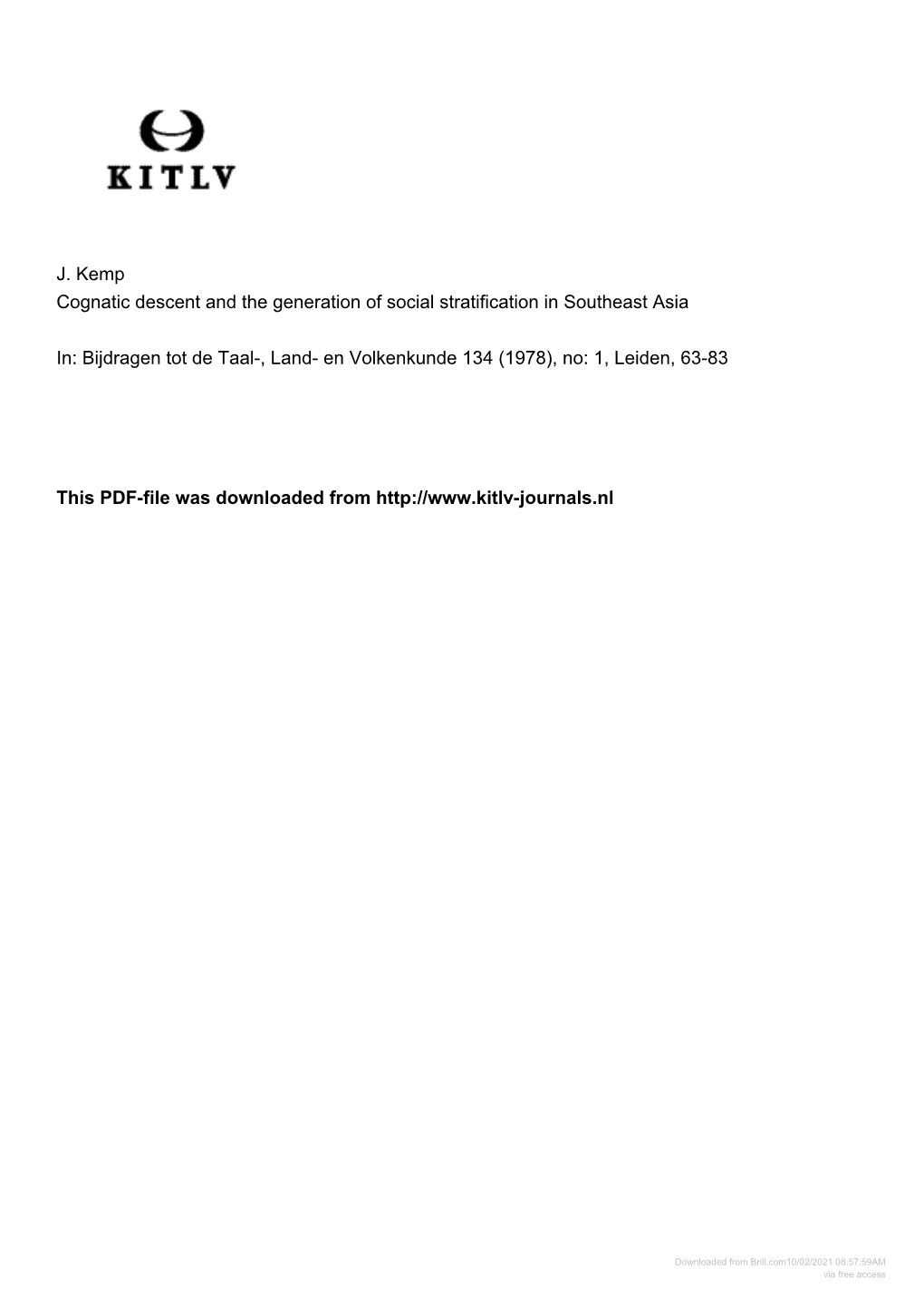 J. Kemp Cognatic Descent and the Generation of Social Stratification in Southeast Asia