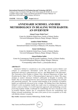 Annemarie Schimel and Her Methodology in Dealing with Hadith: an Overview