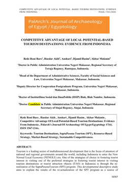 Competitive Advantage of Local Potential - Based Tourism Destinations: Evidence from Indonesia Pjaee, 17(6) (2020)