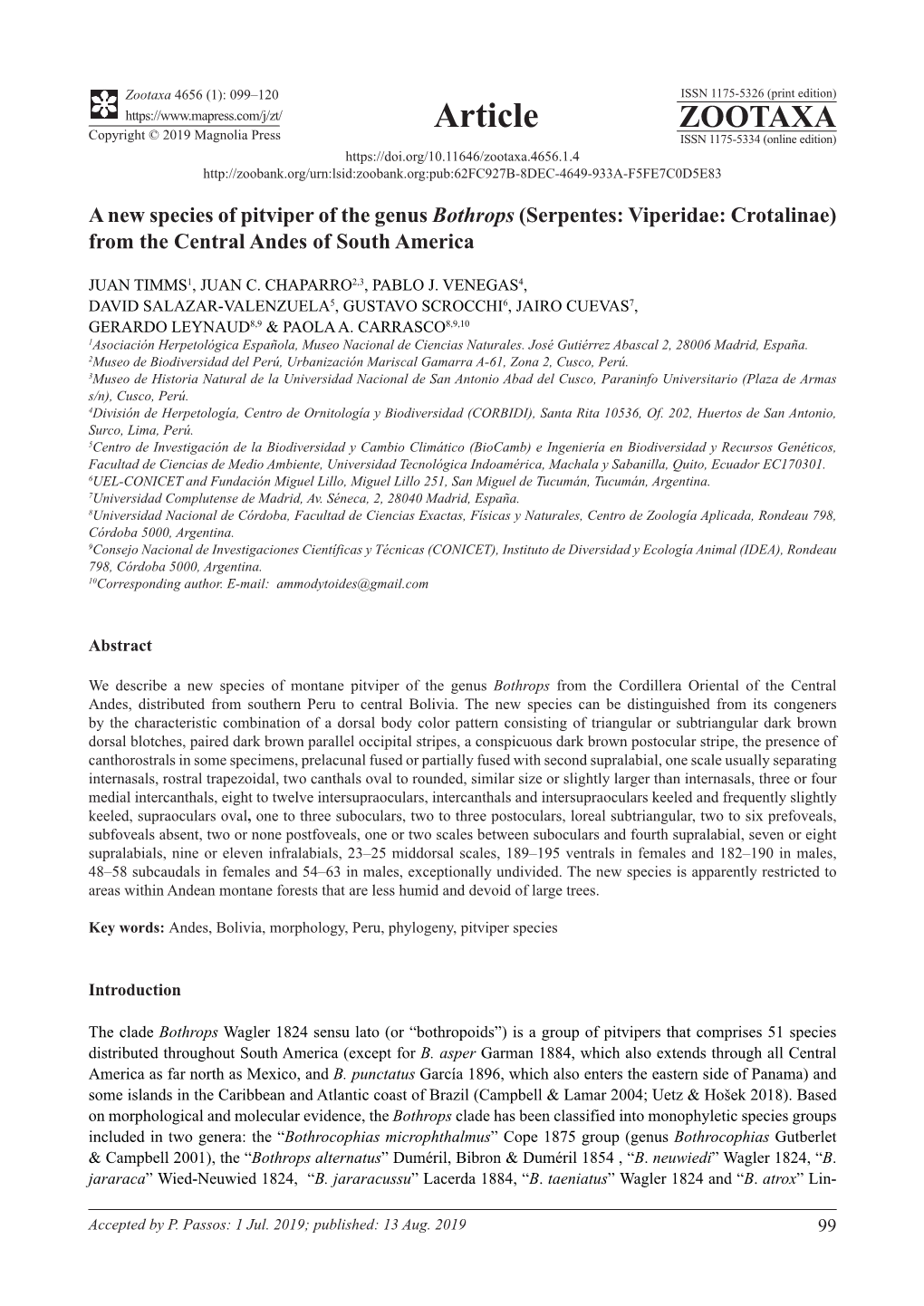 A New Species of Pitviper of the Genus Bothrops (Serpentes: Viperidae: Crotalinae) from the Central Andes of South America