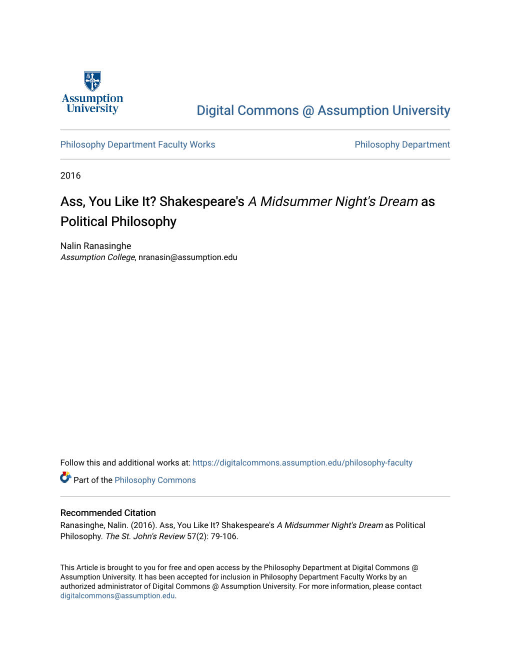 Shakespeare's a Midsummer Night's Dream As Political Philosophy