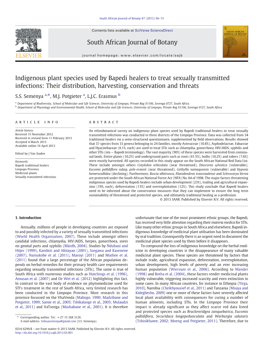 Indigenous Plant Species Used by Bapedi Healers to Treat Sexually Transmitted Infections: Their Distribution, Harvesting, Conservation and Threats