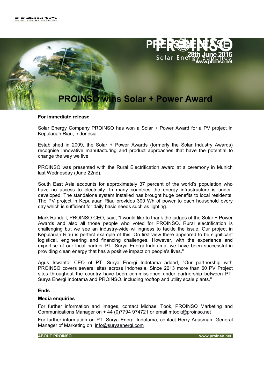 PROINSO Wins Solar + Power Award