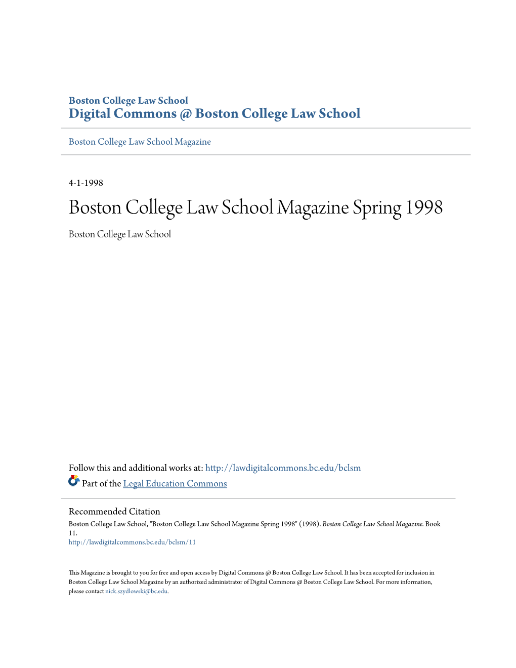 Boston College Law School Magazine Spring 1998 Boston College Law School