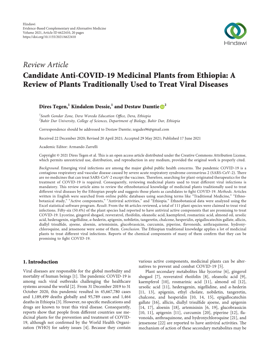 Candidate Anti-COVID-19 Medicinal Plants from Ethiopia: a Review of Plants Traditionally Used to Treat Viral Diseases
