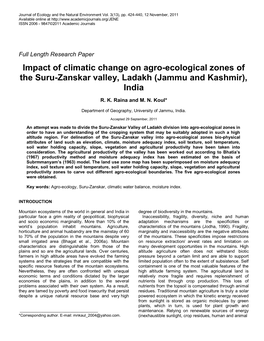 Impact of Climatic Change on Agro-Ecological Zones of the Suru-Zanskar Valley, Ladakh (Jammu and Kashmir), India