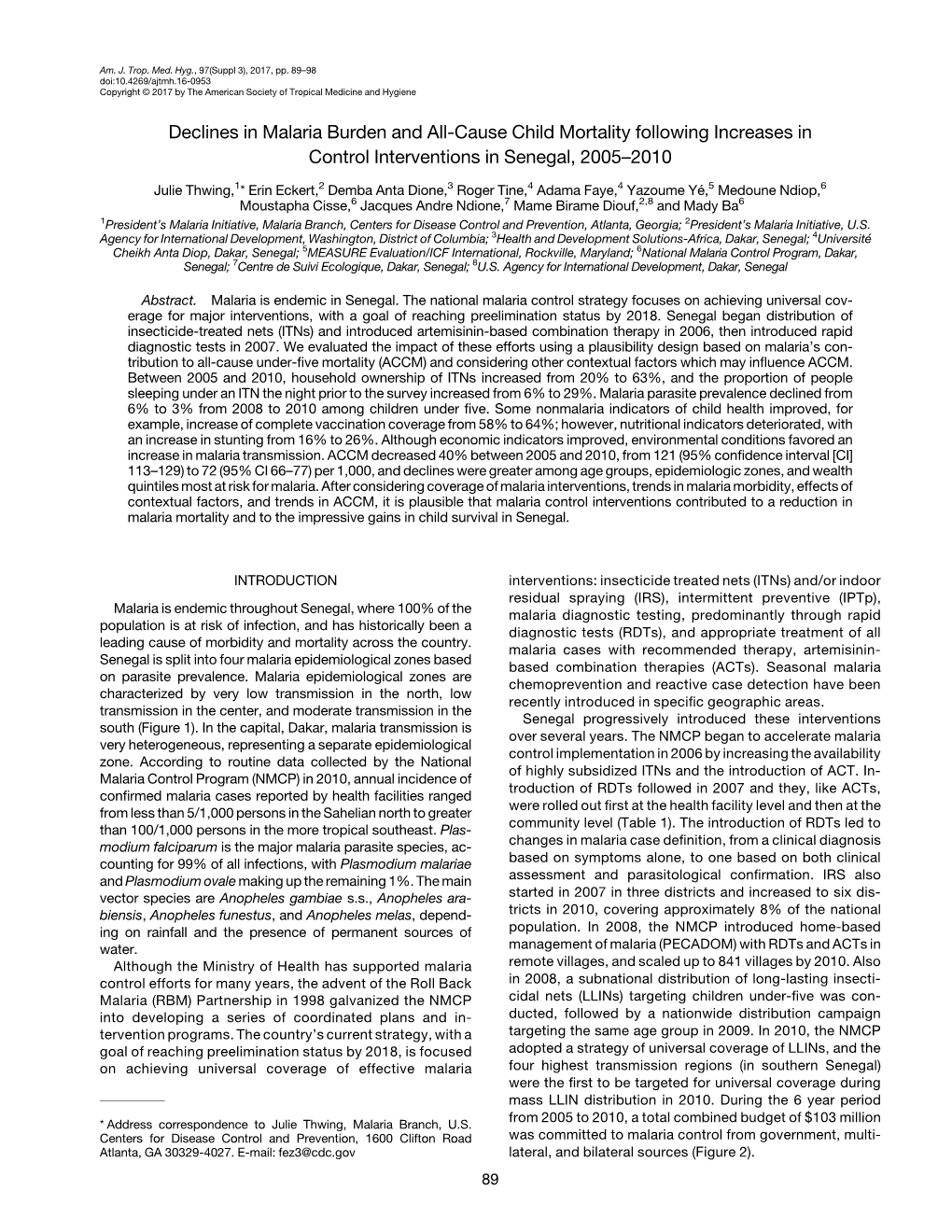 Declines in Malaria Burden and All-Cause Child Mortality Following Increases in Control Interventions in Senegal, 2005–2010