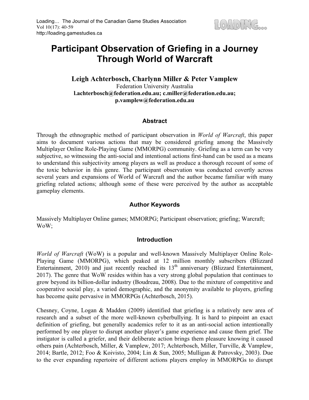 Participant Observation of Griefing in a Journey Through World of Warcraft