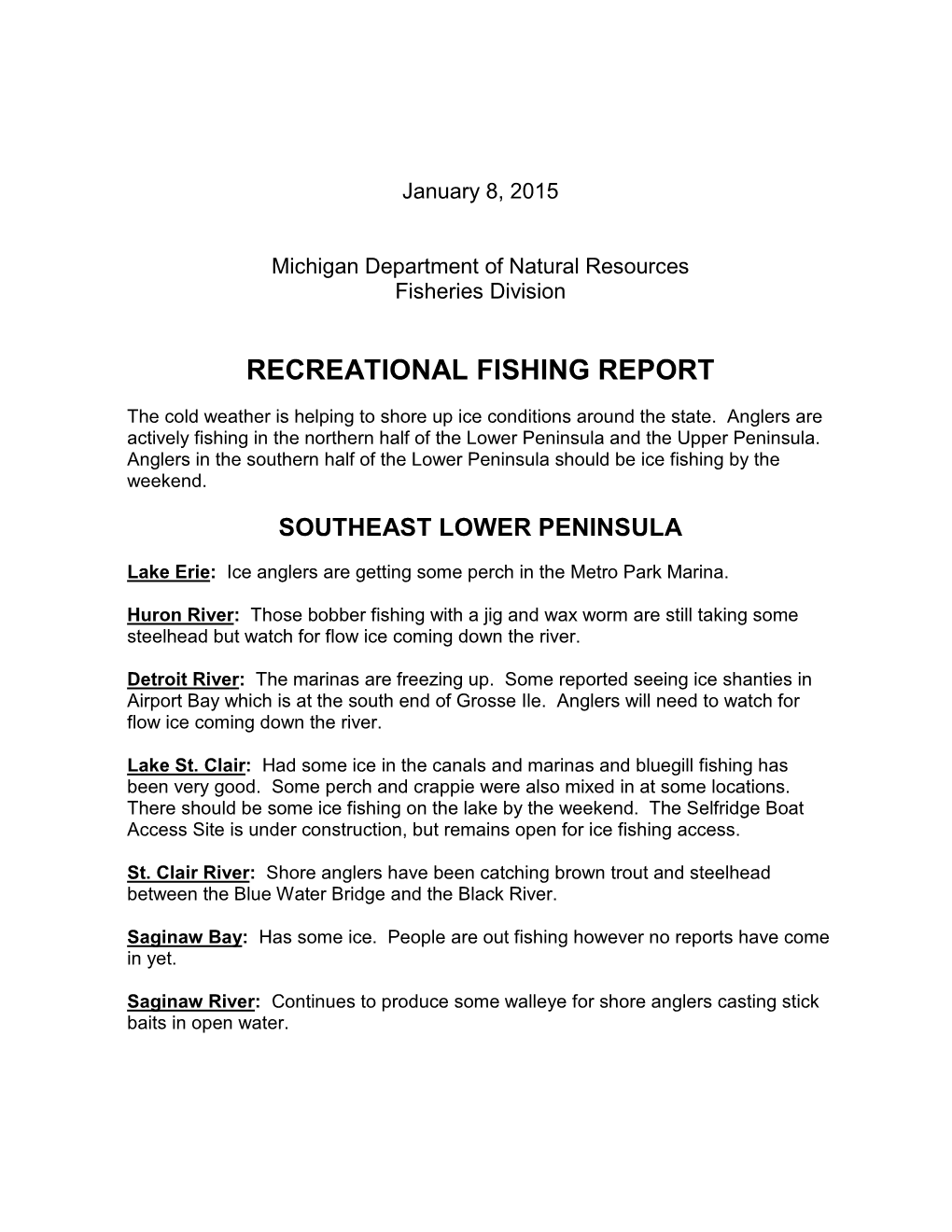 Recreational Fishing Report