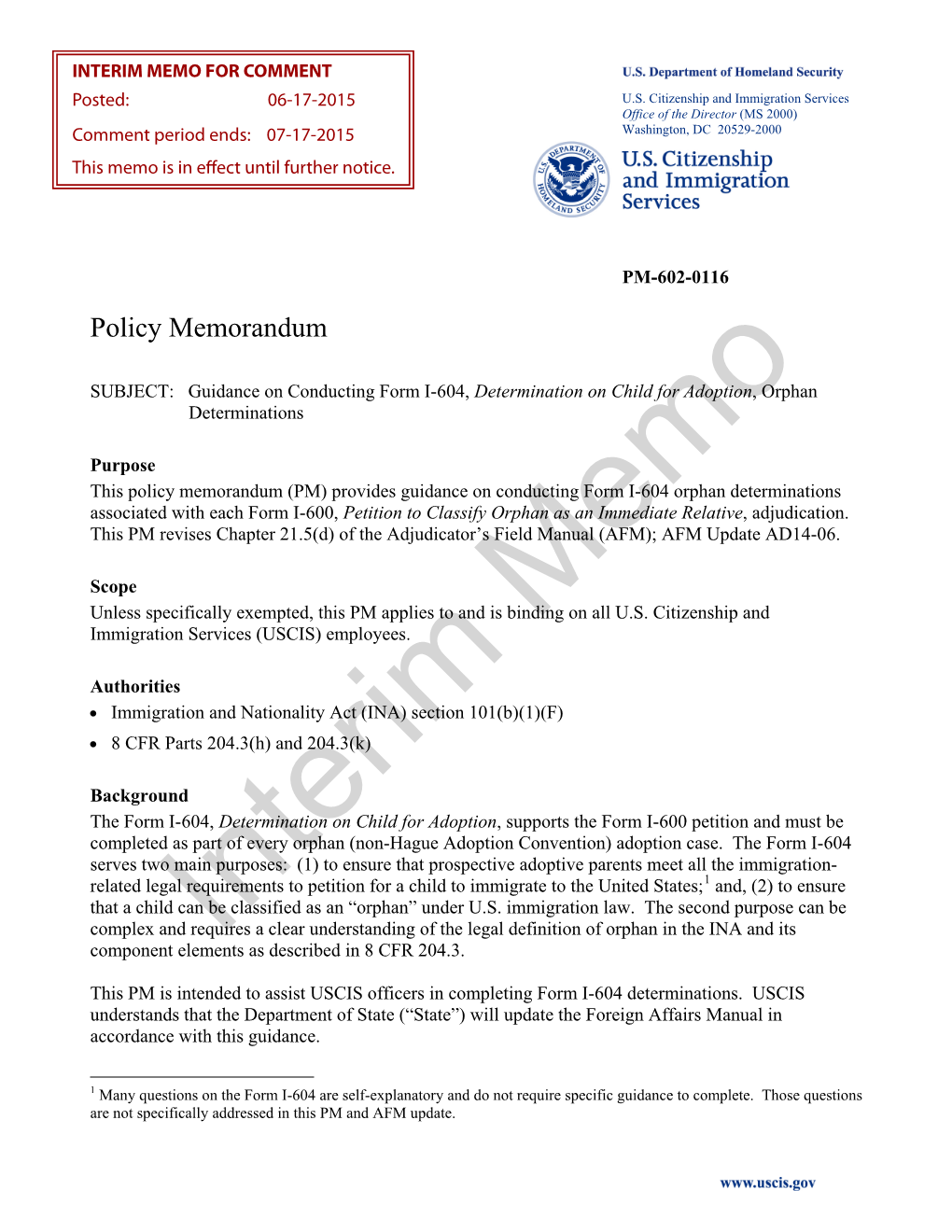 Form I-604 Memo