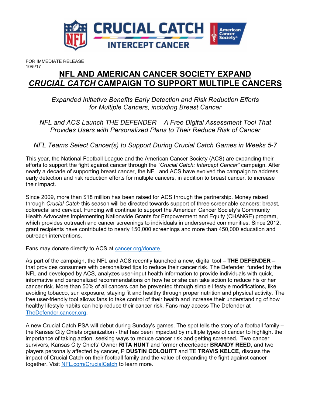 Nfl and American Cancer Society Expand Crucial Catch Campaign to Support Multiple Cancers