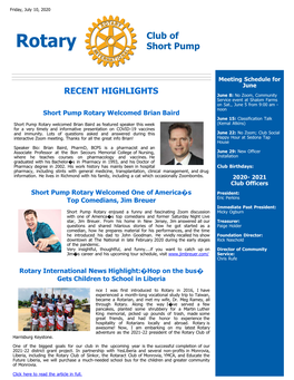 Rotary Club of Short Pump RECENT HIGHLIGHTS