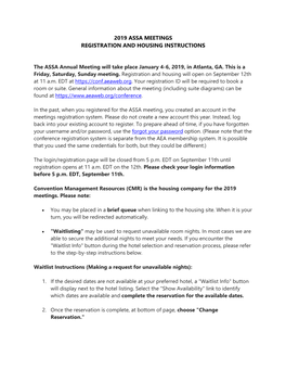 2019 Assa Meetings Registration and Housing Instructions