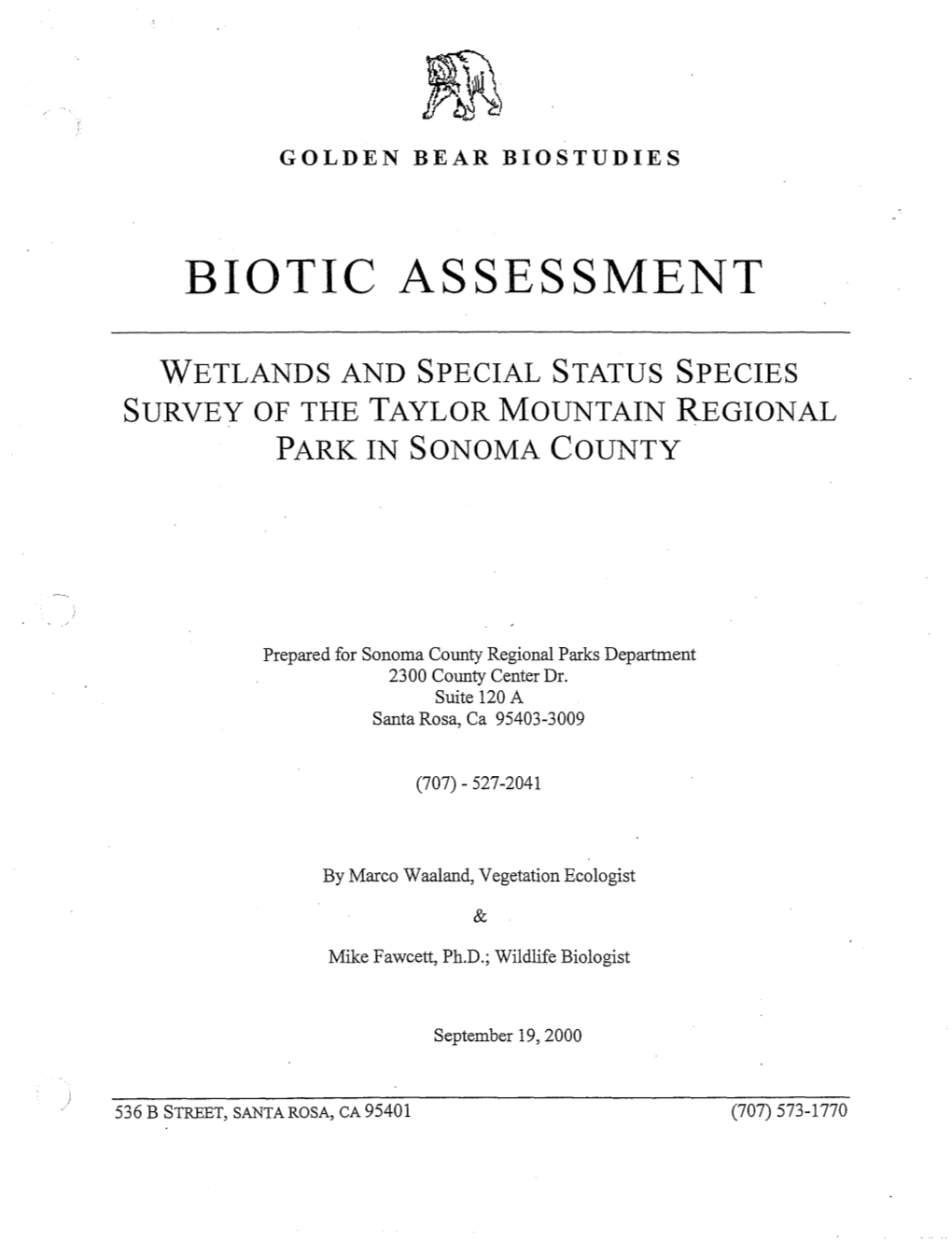 Taylor Mountain Biotic Assessment