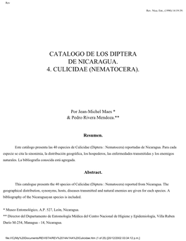 Catalogo De Los Diptera De Nicaragua. 4. Culicidae (Nematocera)