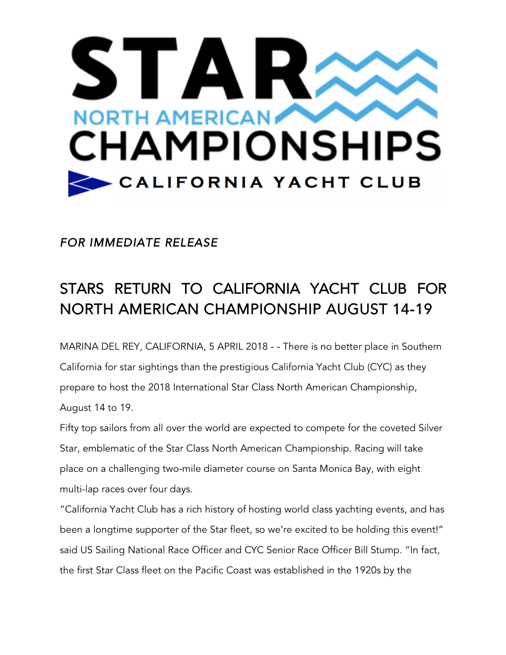 Stars Return to California Yacht Club for North American Championship August 14-19