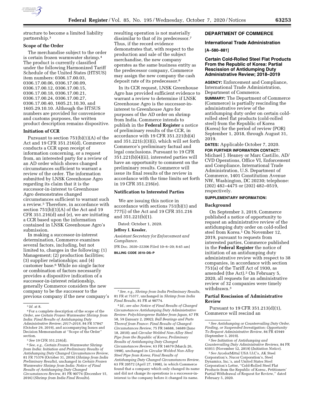 Federal Register/Vol. 85, No. 195/Wednesday, October 7, 2020