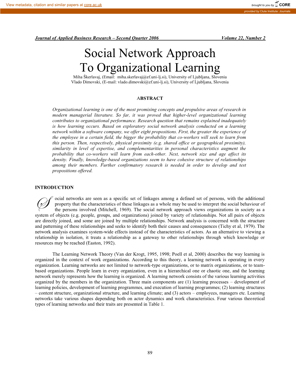 Social Network Approach to Organizational Learning