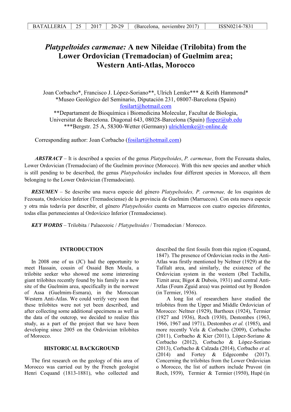 Platypeltoides Carmenae: a New Nileidae (Trilobita) from the Lower Ordovician (Tremadocian) of Guelmim Area; Western Anti-Atlas, Morocco