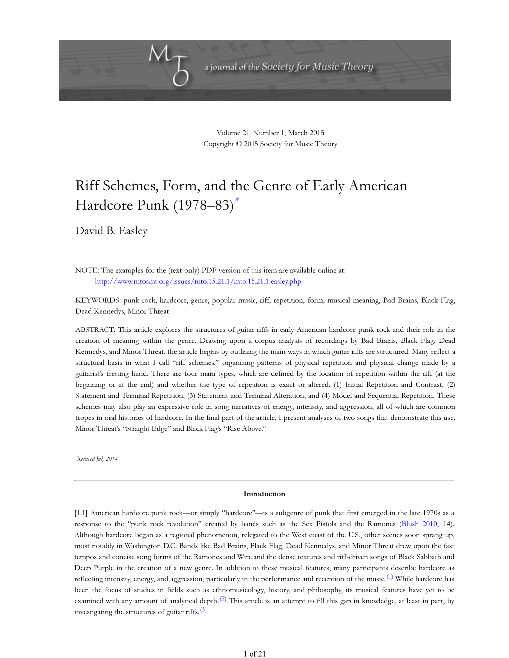 Riff Schemes, Form, and the Genre of Early American Hardcore Punk (1978–83) * David B