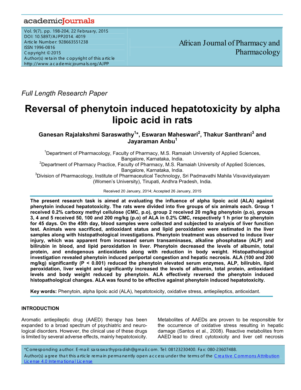 Reversal of Phenytoin Induced Hepatotoxicity by Alpha Lipoic Acid in Rats
