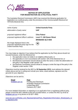 Notice of Application for Registration As a Political Party