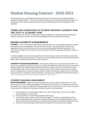 Student Housing Contract - 2020-2021