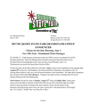 2017 DU QUOIN STATE FAIR GRANDSTAND LINEUP ANNOUNCED - Tickets Go on Sale Thursday, June 1 - New This Year: Grandstand Ticket Packages