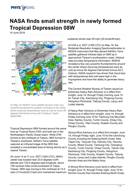 NASA Finds Small Strength in Newly Formed Tropical Depression 08W 14 June 2018