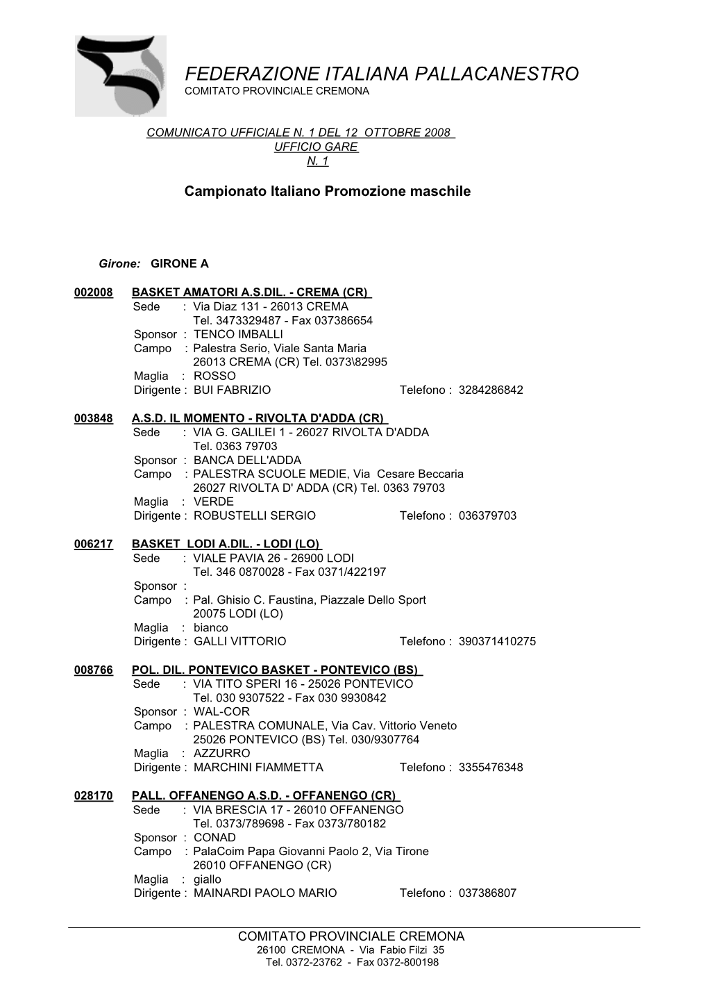 Federazione Italiana Pallacanestro Comitato Provinciale Cremona