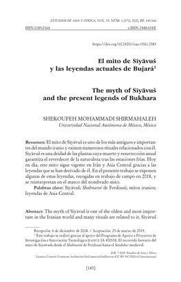 El Mito De Sıyavuš Y Las Leyendas Actuales De Bujará1 the Myth of Sıyavuš and the Present Legends of Bukhara