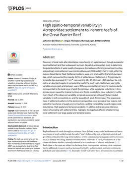 High Spatio-Temporal Variability in Acroporidae Settlement to Inshore Reefs of the Great Barrier Reef