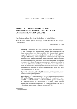 EFFECT of COLD HARDENING on SOME PHOTOSYNTHETIC CHARACTERISTICS of PEA (Pisum Sativum L., CV
