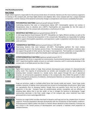 DECOMPOSER FIELD GUIDE MICROORGANISMS BACTERIA Single-Celled Organisms Responsible for the Primary Break Down of Materials