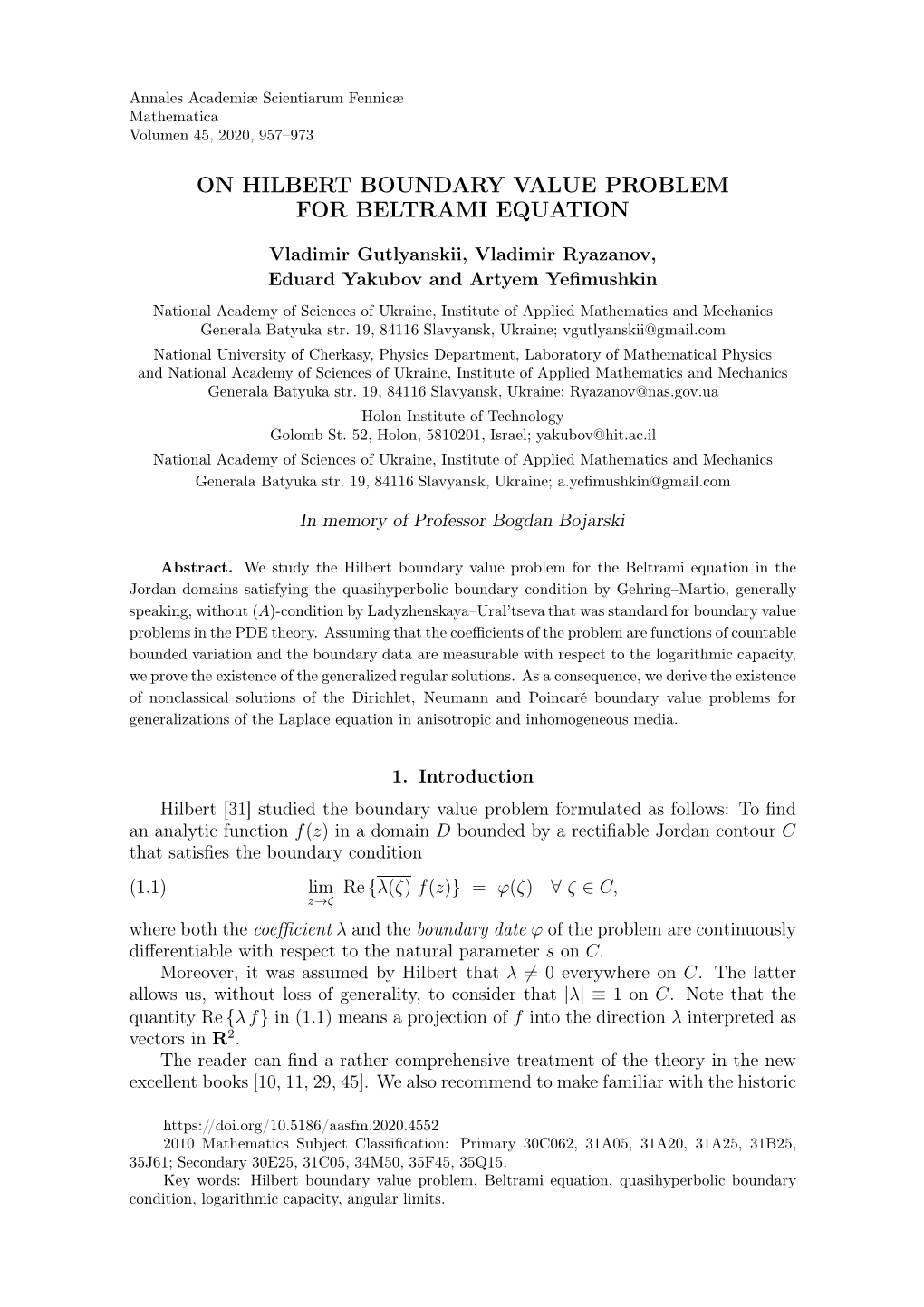 On Hilbert Boundary Value Problem for Beltrami Equation