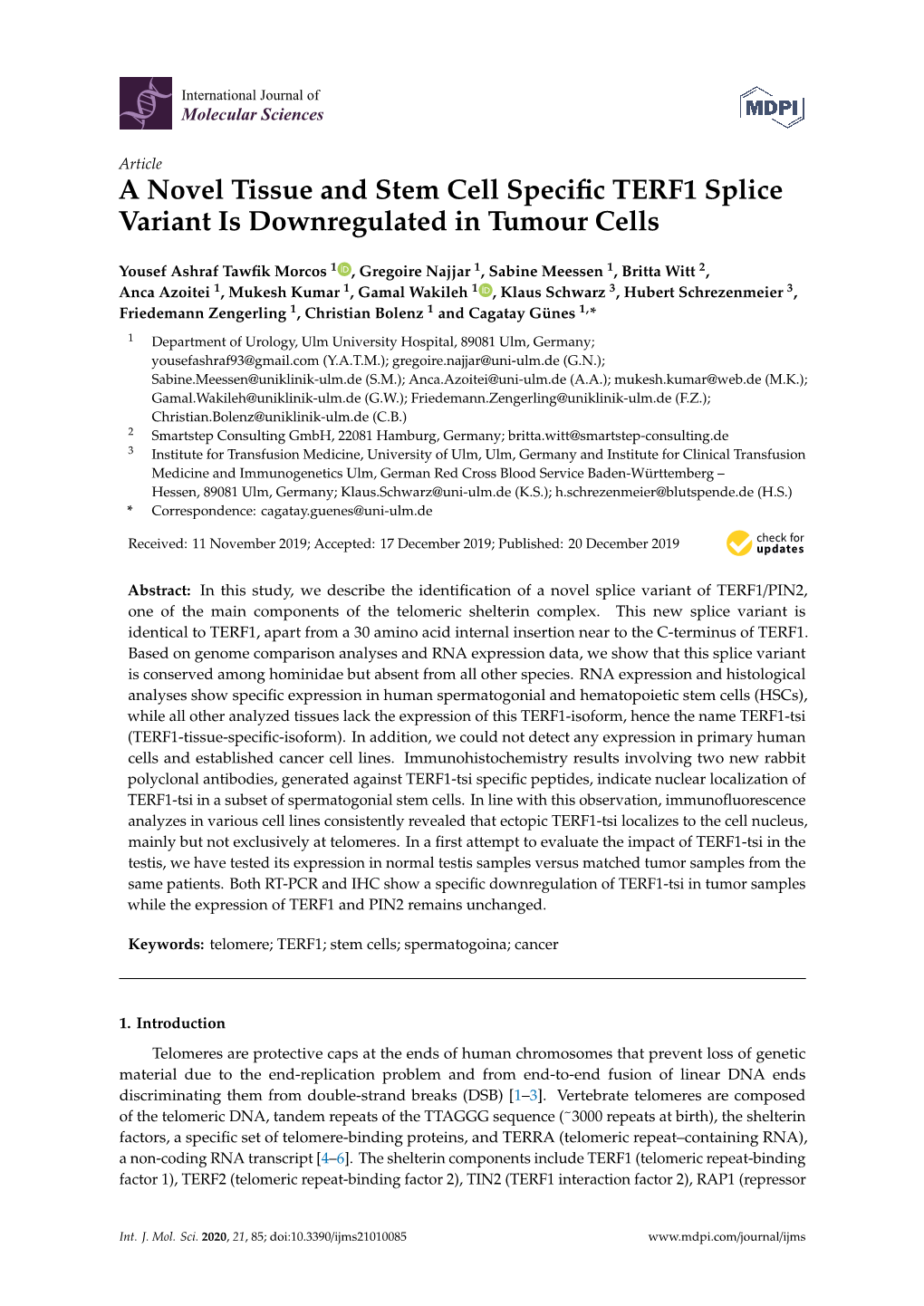 A Novel Tissue and Stem Cell Specific TERF1 Splice Variant Is