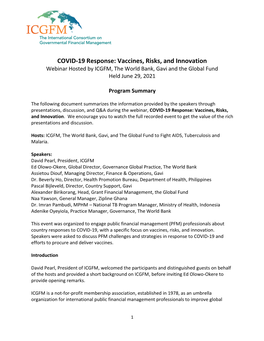 COVID-19 Response: Vaccines, Risks, and Innovation Webinar Hosted by ICGFM, the World Bank, Gavi and the Global Fund Held June 29, 2021