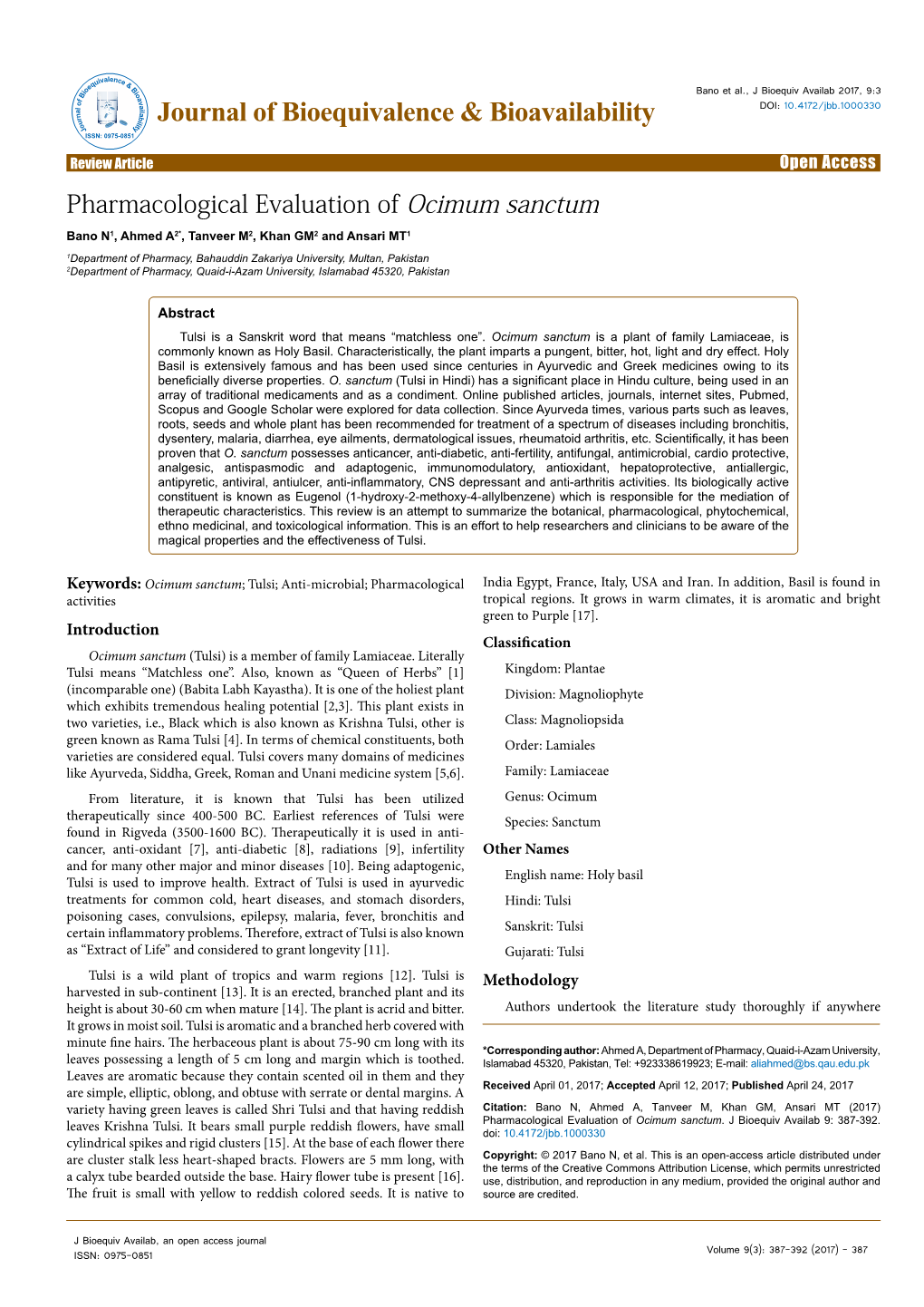 Pharmacological Evaluation of Ocimum Sanctum