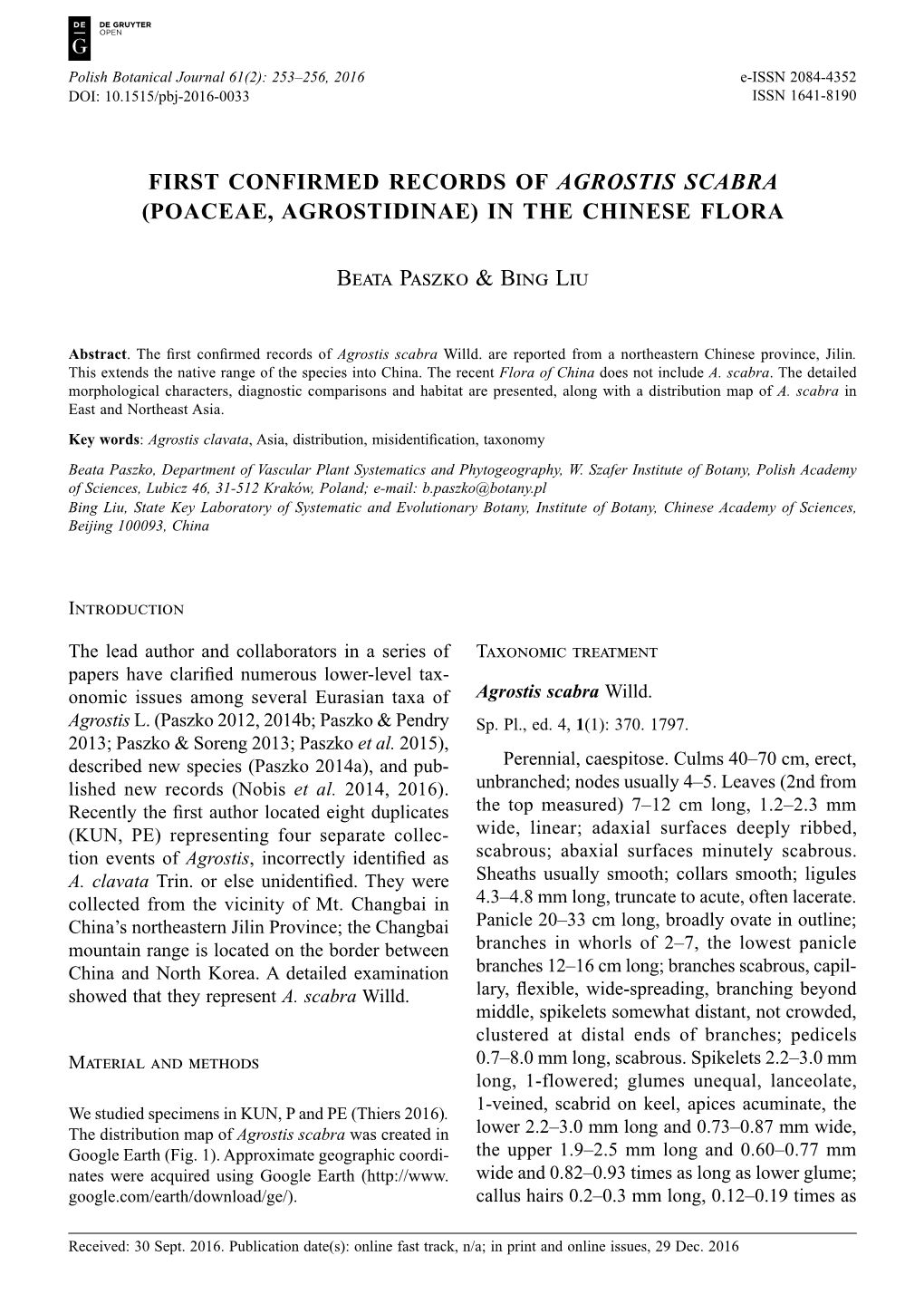 First Confirmed Records of Agrostis Scabra (Poaceae, Agrostidinae) in the Chinese Flora