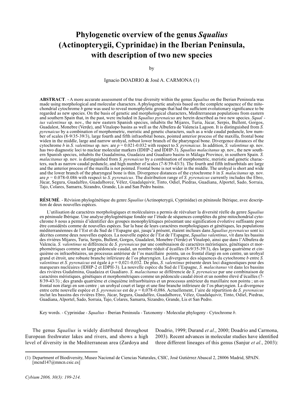 Phylogenetic Overview of the Genus Squalius (Actinopterygii, Cyprinidae) in the Iberian Peninsula, with Description of Two New Species