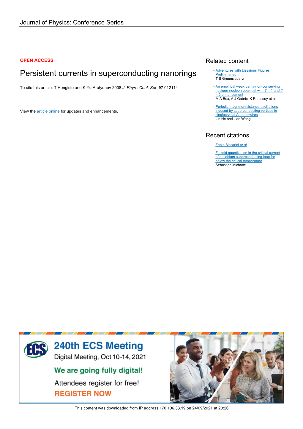 Persistent Currents in Superconducting Nanorings Preliminaries T B Greenslade Jr