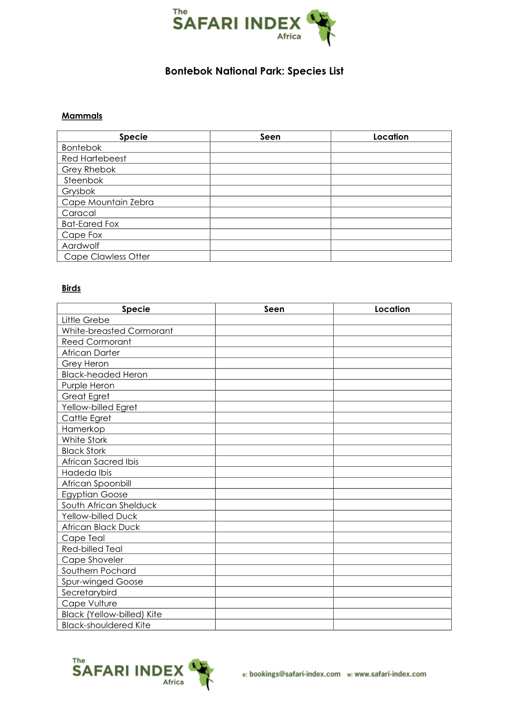 Bontebok National Park: Species List