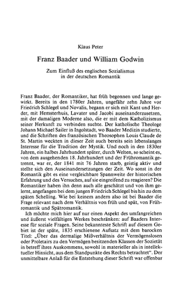 Franz Baader Und William Godwin Zum Einfluß Des Englischen Sozialismus in Der Deutschen Romantik