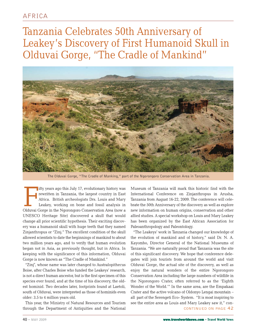 Tanzania Celebrates 50Th Anniversary of Leakey's Discovery of First Humanoid Skull in Olduvai Gorge